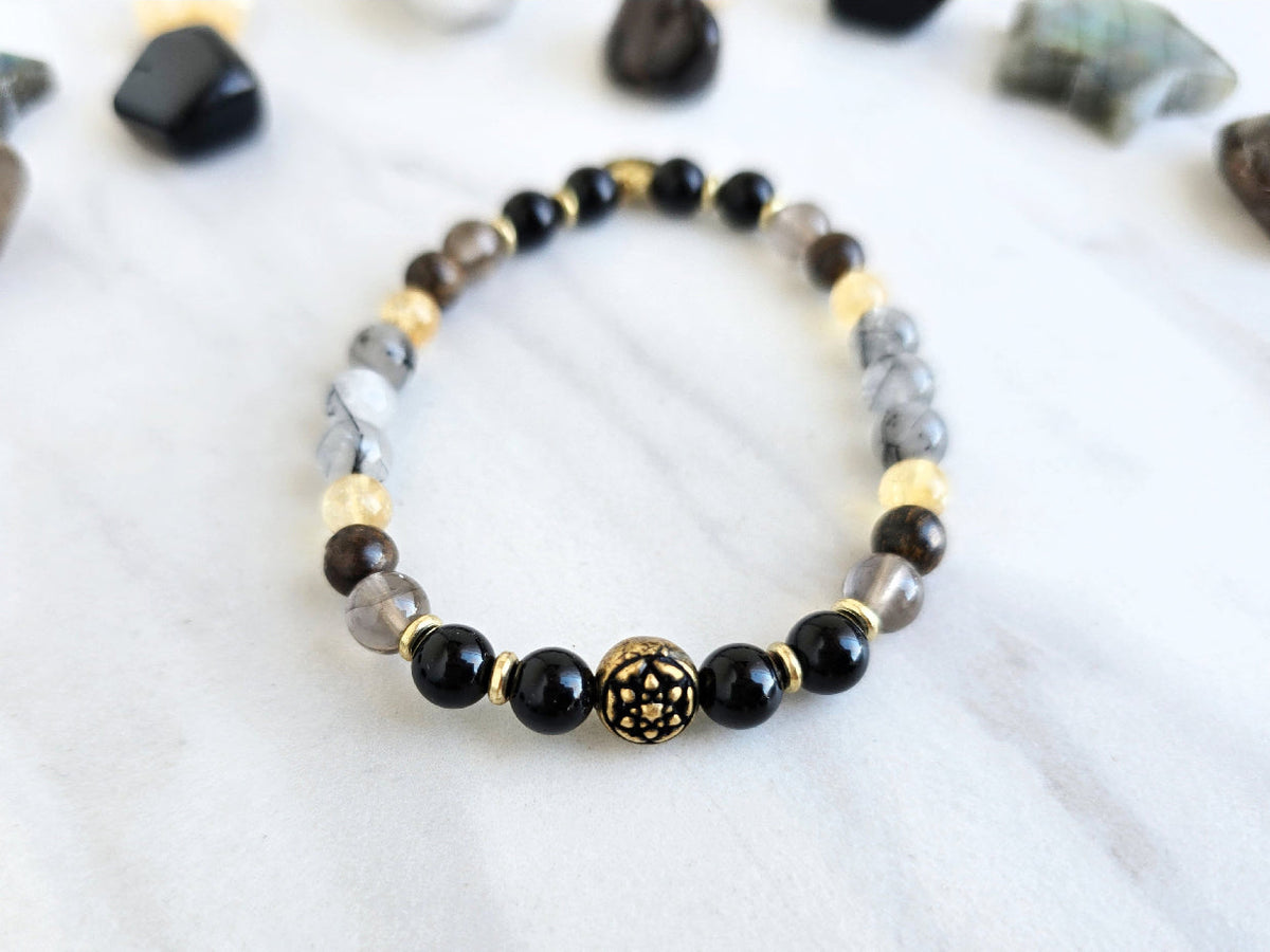 Scorpio zodiac gemstone stretch bracelet with obsidian and smoky quartz beads and Scorpio charm, view 3