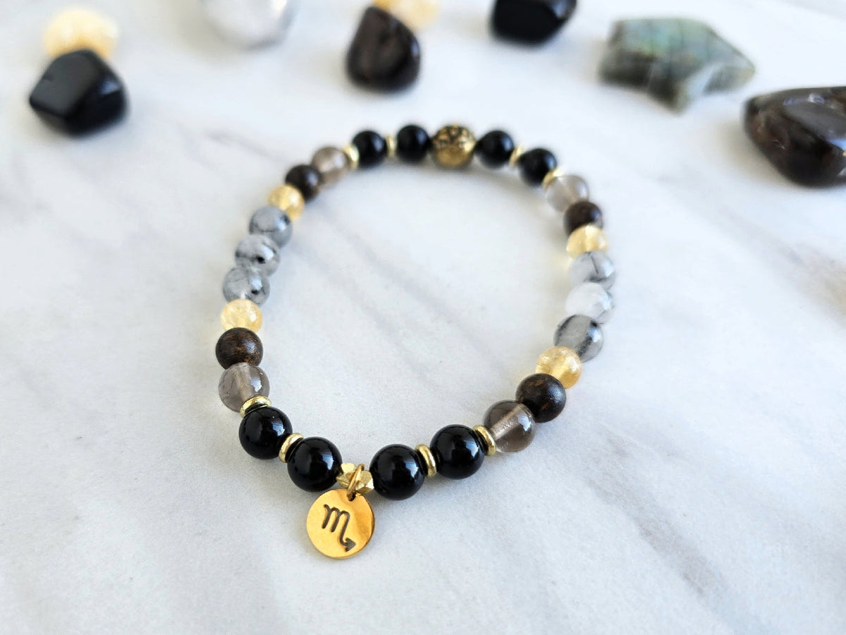 Scorpio zodiac gemstone stretch bracelet with obsidian and smoky quartz beads and Scorpio charm, view 4