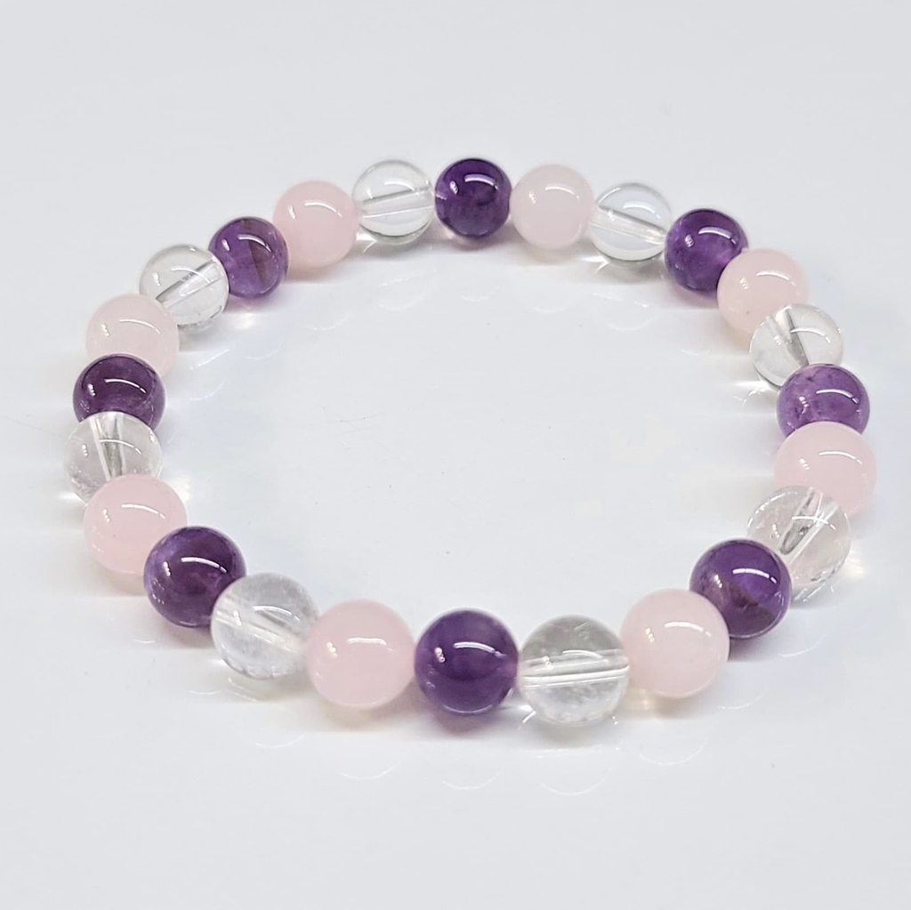 8mm amethyst, clear quartz and rose quartz bead bracelet