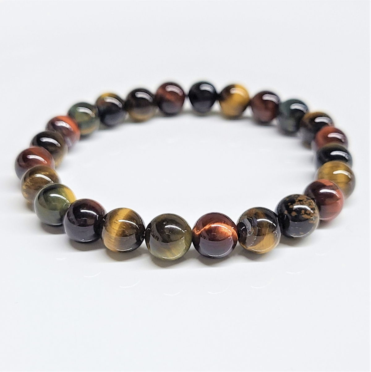 Gold, red and blue tiger eye bead bracelet, view 2