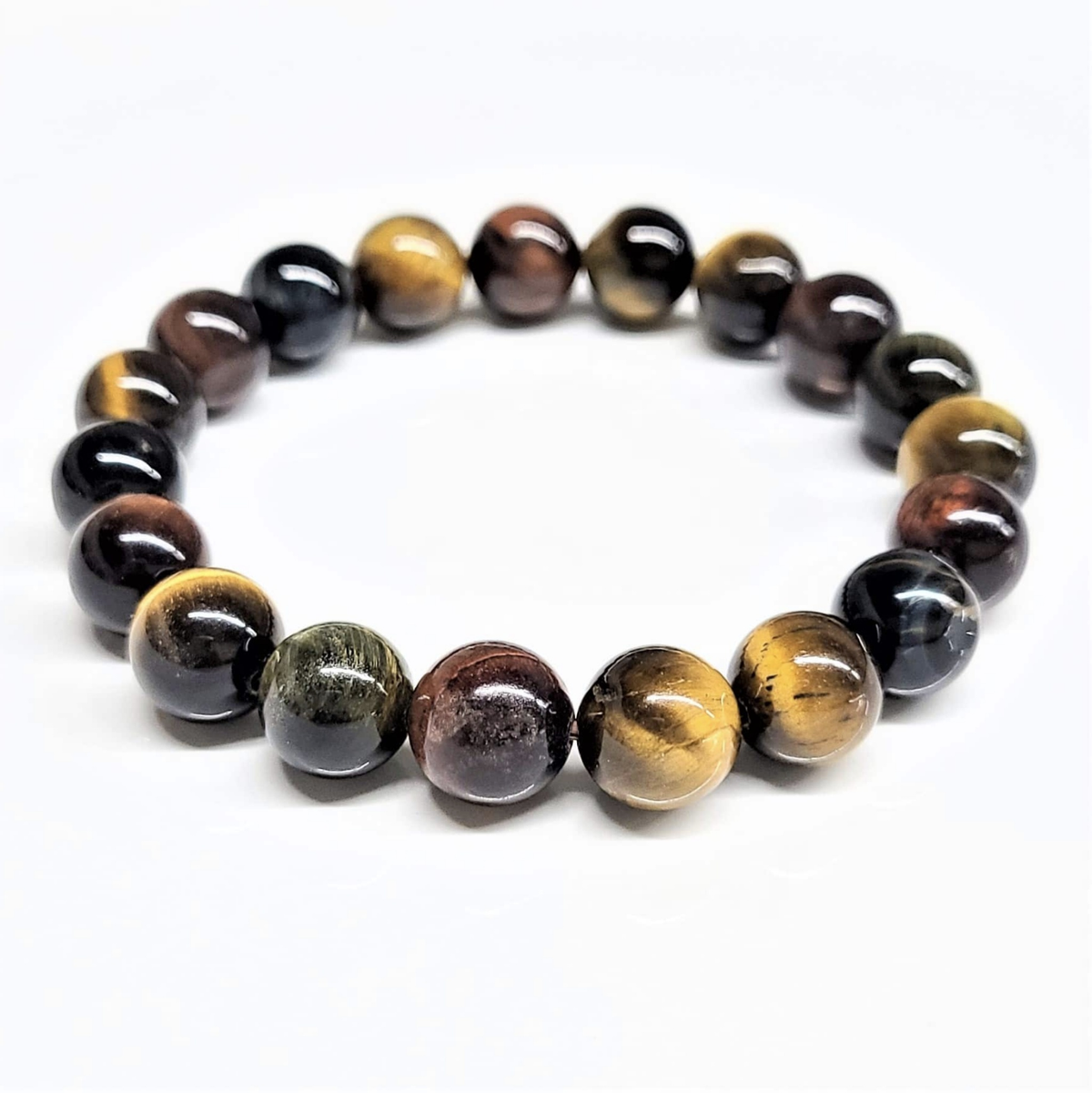 Gold, red and blue tiger eye bead bracelet, view 3