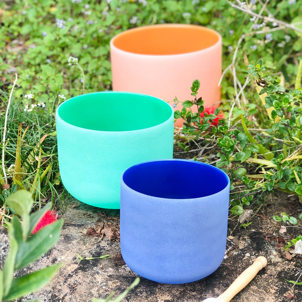 Crystal Singing Bowl Set of 3 – Rainbow Color Matte Quartz, 7–11 in
