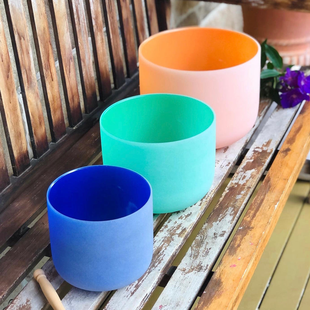 Rainbow Sounds set of 3 rainbow color crystal singing bowls, 7 to 11 inch, with carry case