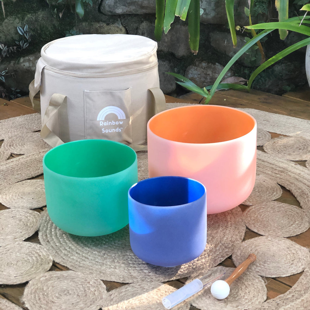 Crystal Singing Bowl Set of 3 – Rainbow Color Matte Quartz, 7–11 in