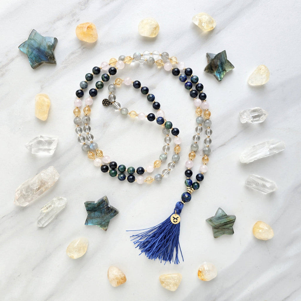 Taurus zodiac mala necklace with azurite and lapis lazuli beads, Taurus charm and tassel