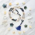 Taurus zodiac mala necklace with azurite and lapis lazuli beads, Taurus charm and tassel