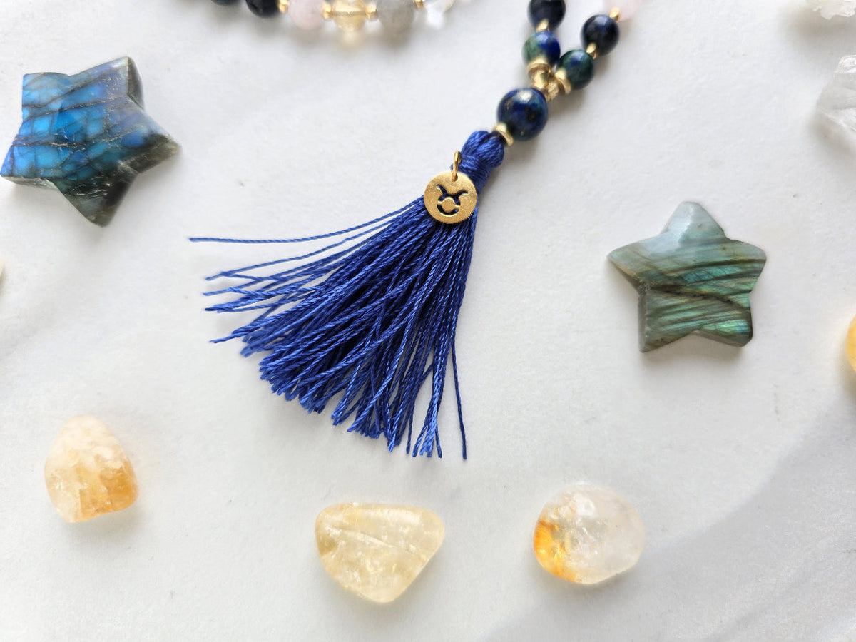 Taurus zodiac mala necklace with azurite and lapis lazuli beads, Taurus charm and tassel, view 4