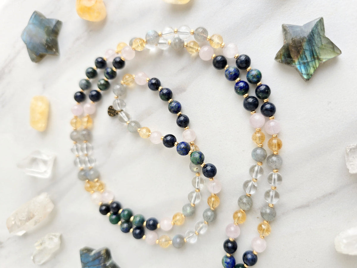 Taurus zodiac mala necklace with azurite and lapis lazuli beads, Taurus charm and tassel, view 3