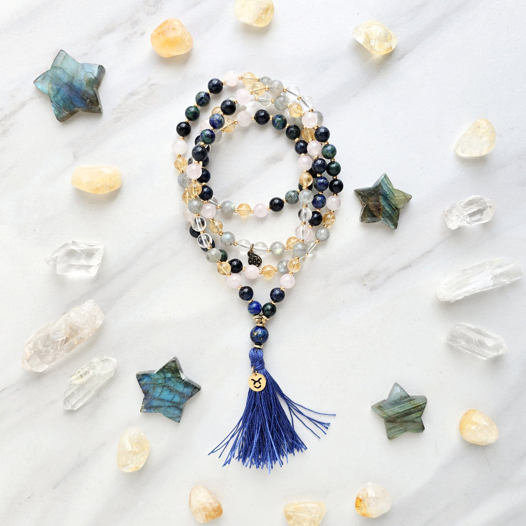 Taurus zodiac mala necklace with azurite and lapis lazuli beads, Taurus charm and tassel, view 2