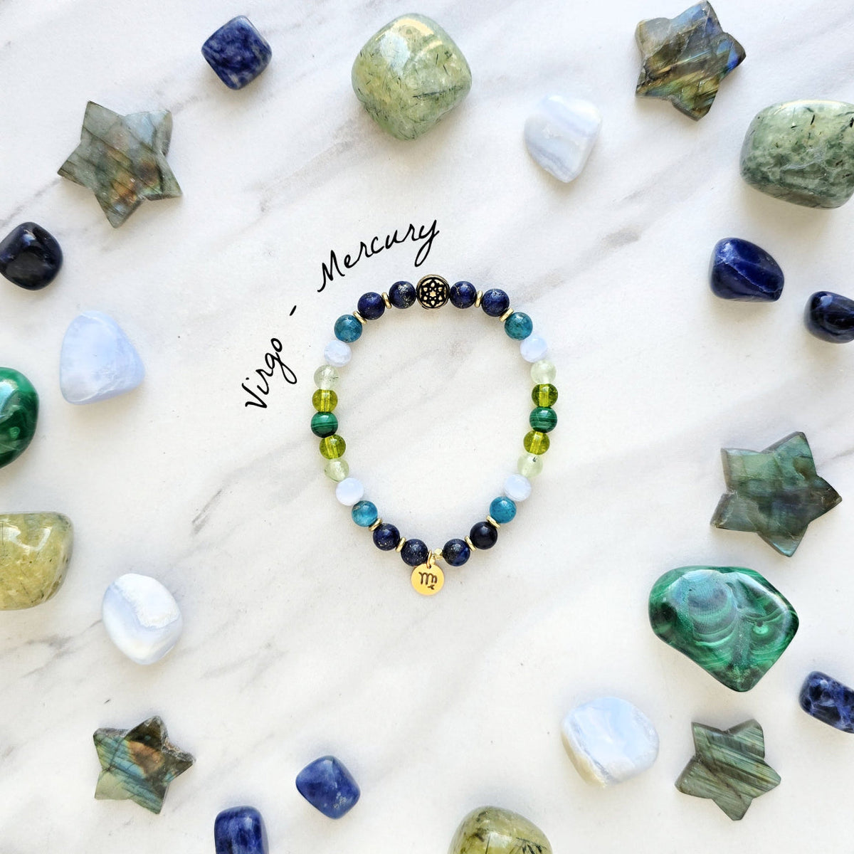 Virgo zodiac gemstone stretch bracelet with lapis lazuli and apatite beads and Virgo charm
