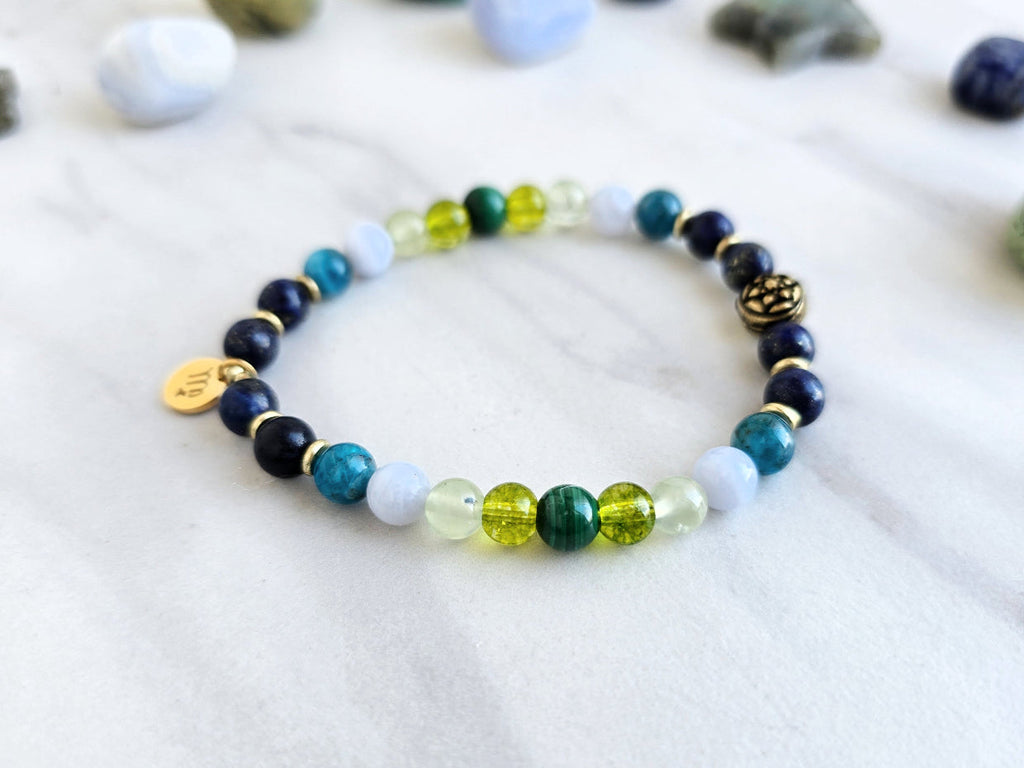 Virgo zodiac gemstone stretch bracelet with lapis lazuli and apatite beads and Virgo charm, view 2