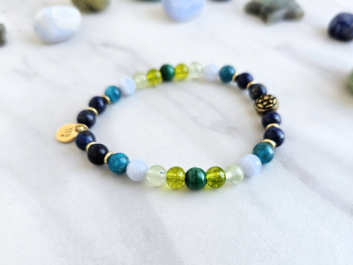 Virgo zodiac gemstone stretch bracelet with lapis lazuli and apatite beads and Virgo charm, view 2