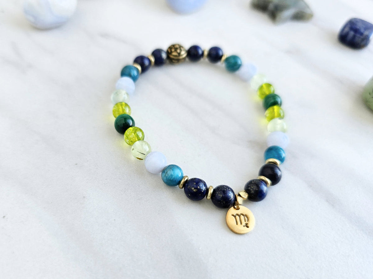 Virgo zodiac gemstone stretch bracelet with lapis lazuli and apatite beads and Virgo charm, view 3