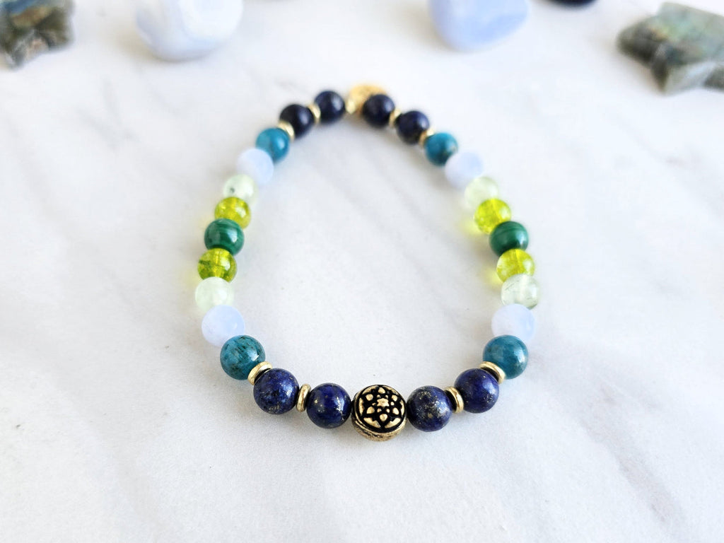 Virgo zodiac gemstone stretch bracelet with lapis lazuli and apatite beads and Virgo charm, view 4