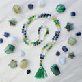 Virgo zodiac mala necklace with lapis lazuli and apatite beads, Virgo charm and tassel