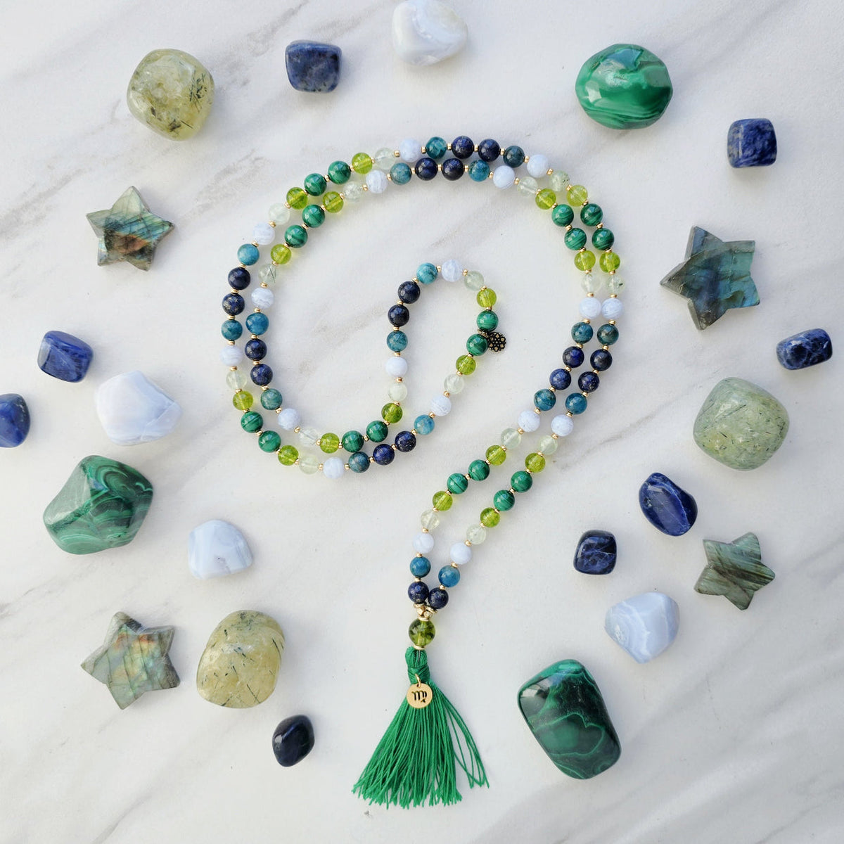 Virgo zodiac mala necklace with lapis lazuli and apatite beads, Virgo charm and tassel