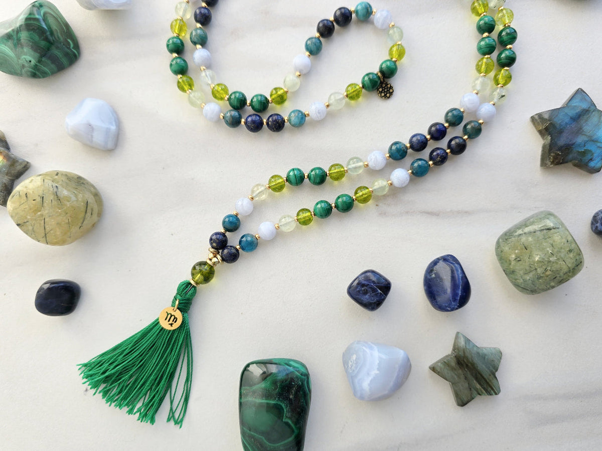 Virgo zodiac mala necklace with lapis lazuli and apatite beads, Virgo charm and tassel, view 2