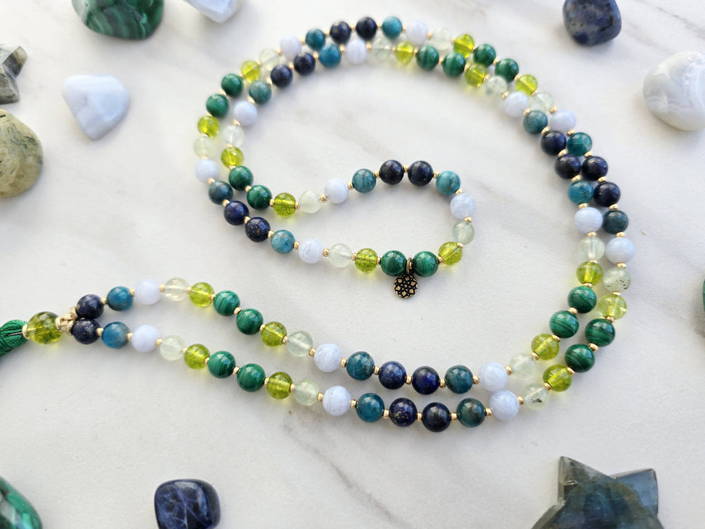 Virgo zodiac mala necklace with lapis lazuli and apatite beads, Virgo charm and tassel, view 3