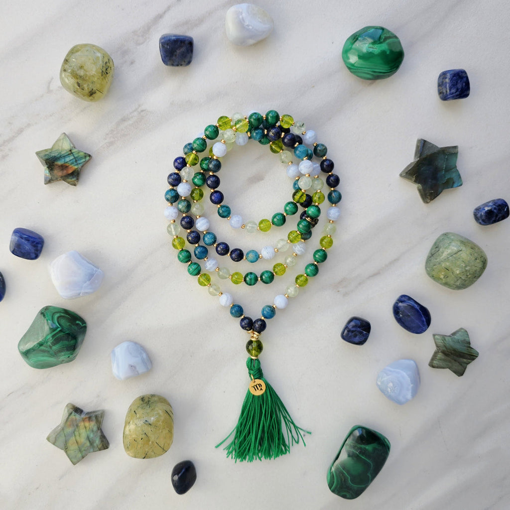 Virgo zodiac mala necklace with lapis lazuli and apatite beads, Virgo charm and tassel, view 4