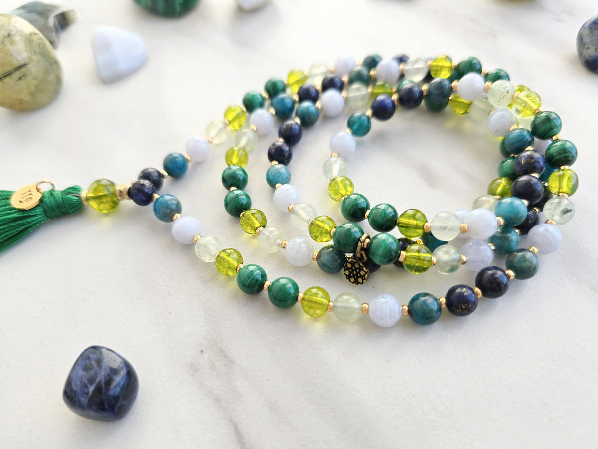 Virgo zodiac mala necklace with lapis lazuli and apatite beads, Virgo charm and tassel, view 5