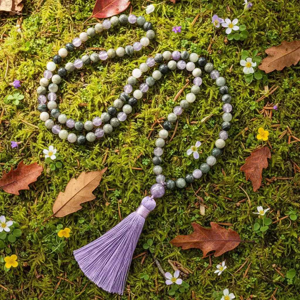 Labradorite and grey agate 108-bead knotted mala necklace, view 2