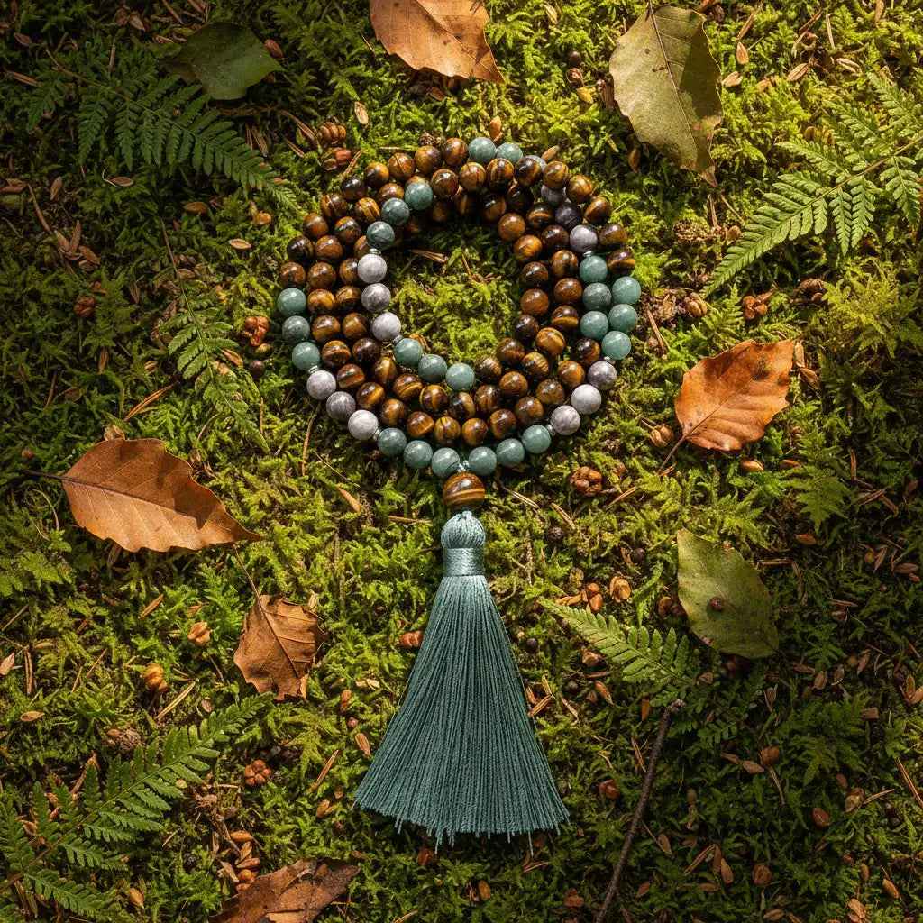 Tiger's eye and green jade 108-bead knotted mala necklace, view 5