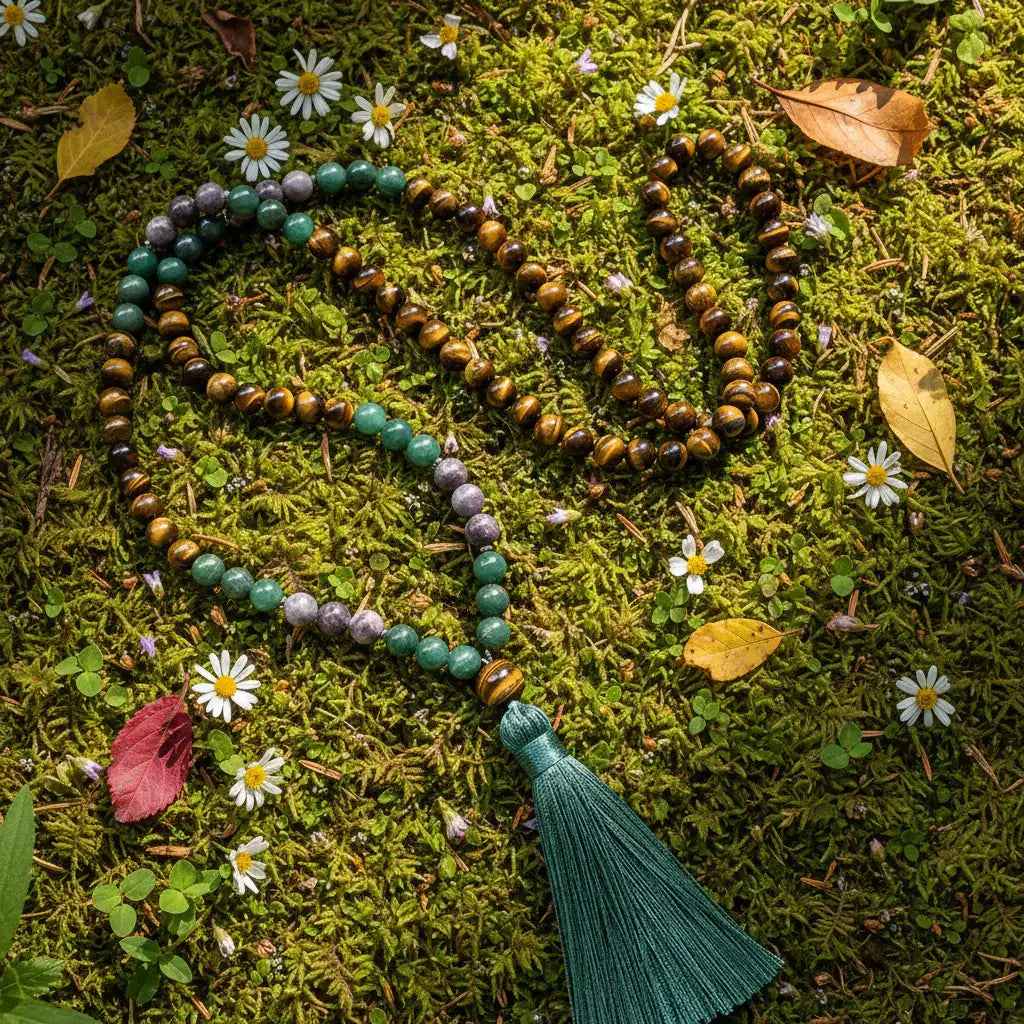 Tiger's eye and green jade 108-bead knotted mala necklace, view 3