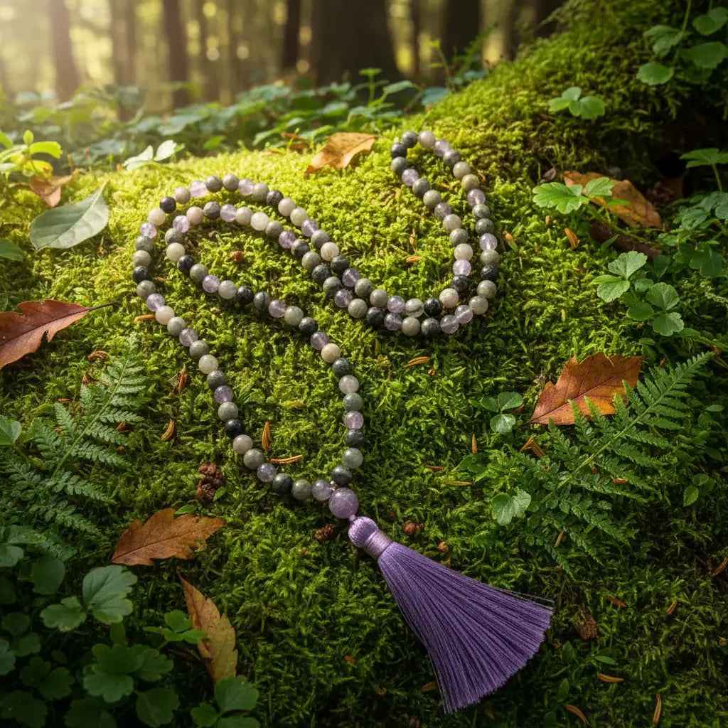 Labradorite and grey agate 108-bead knotted mala necklace