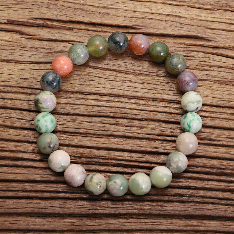 Indian agate 108-bead mala necklace with tassel in mossy green and earth tones, view 4