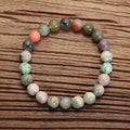 Indian agate 108-bead mala necklace with tassel in mossy green and earth tones, view 4