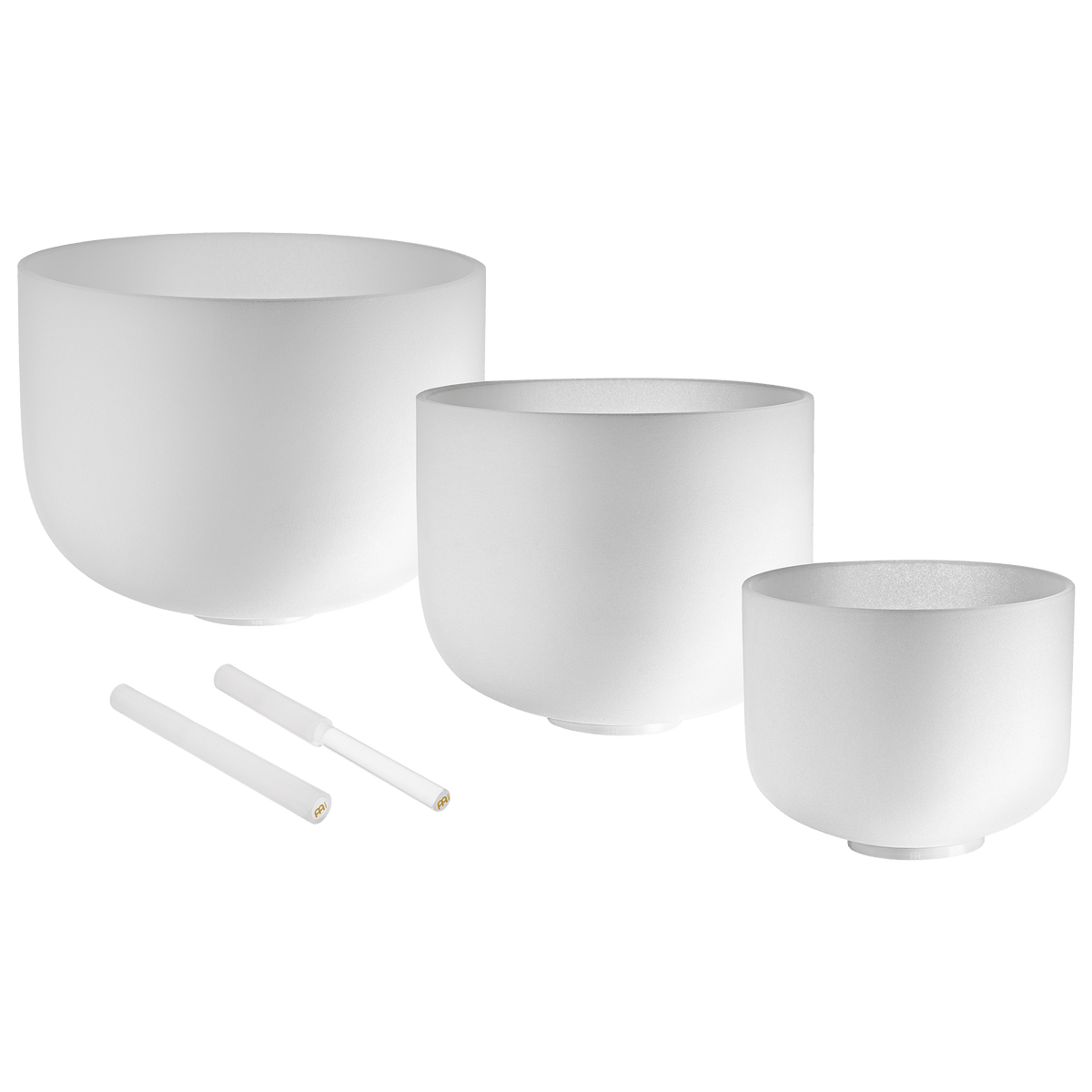 Pure Harmony set of 3 white-frosted 432 Hz crystal singing bowls, 8, 10 and 12 inch