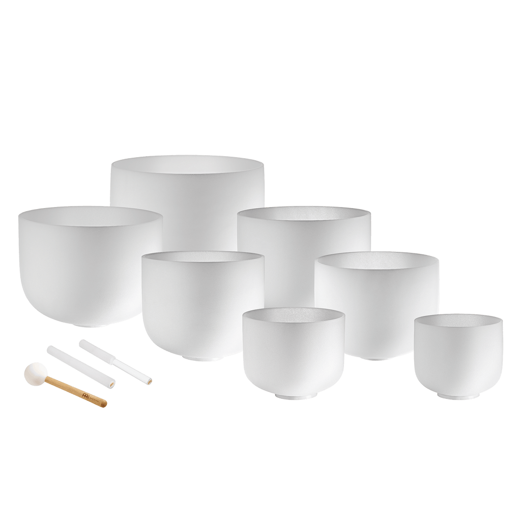 Crystal Singing Bowl Chakra Set of 7 – Frosted Quartz, 8–14 in
