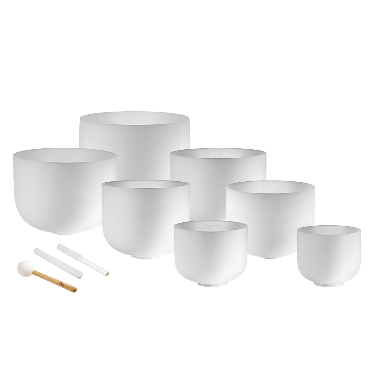 Crystal Singing Bowl Chakra Set of 7 – Frosted Quartz, 8–14 in