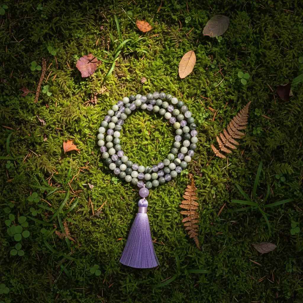 Labradorite and grey agate 108-bead knotted mala necklace, view 3