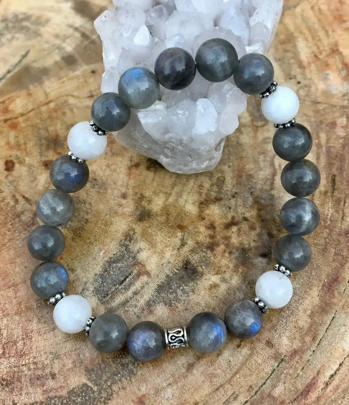 Blue flash labradorite and rainbow moonstone stretch bracelet