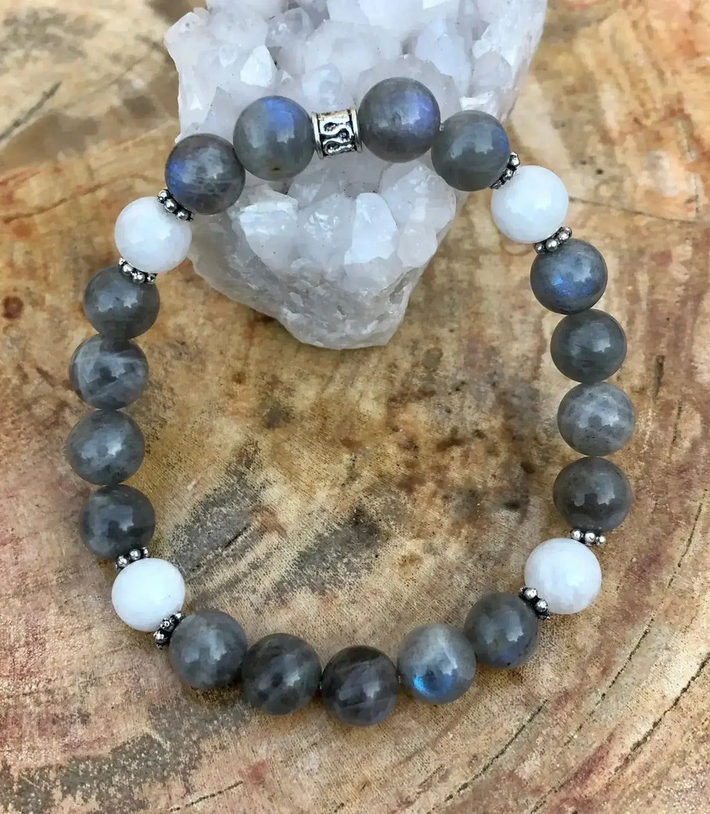 Blue flash labradorite and rainbow moonstone stretch bracelet, view 2