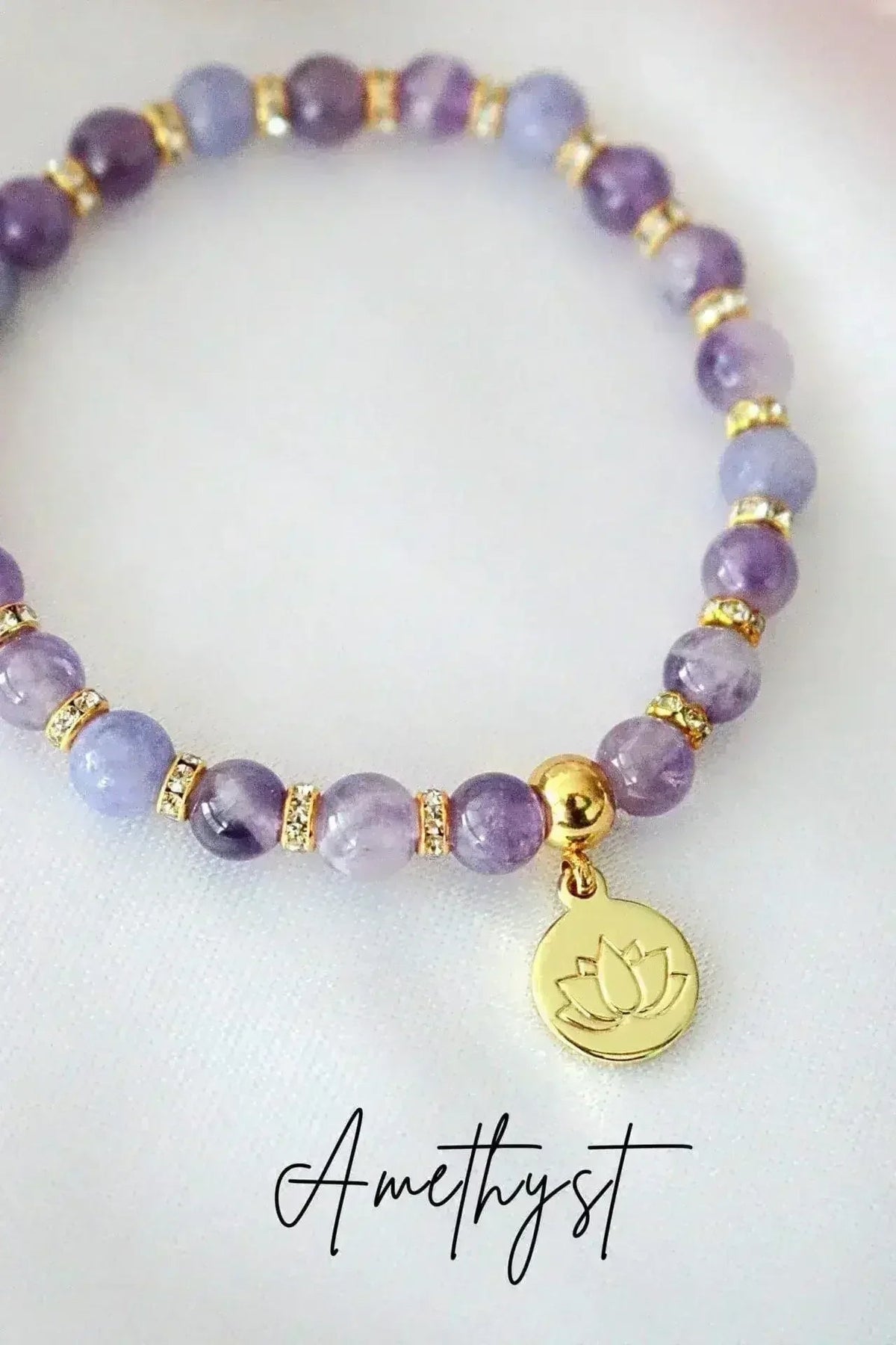 Rose quartz bead bracelet with gold-plated lotus flower charm, view 2
