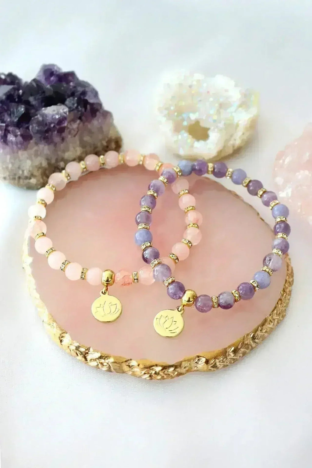 Rose quartz bead bracelet with gold-plated lotus flower charm