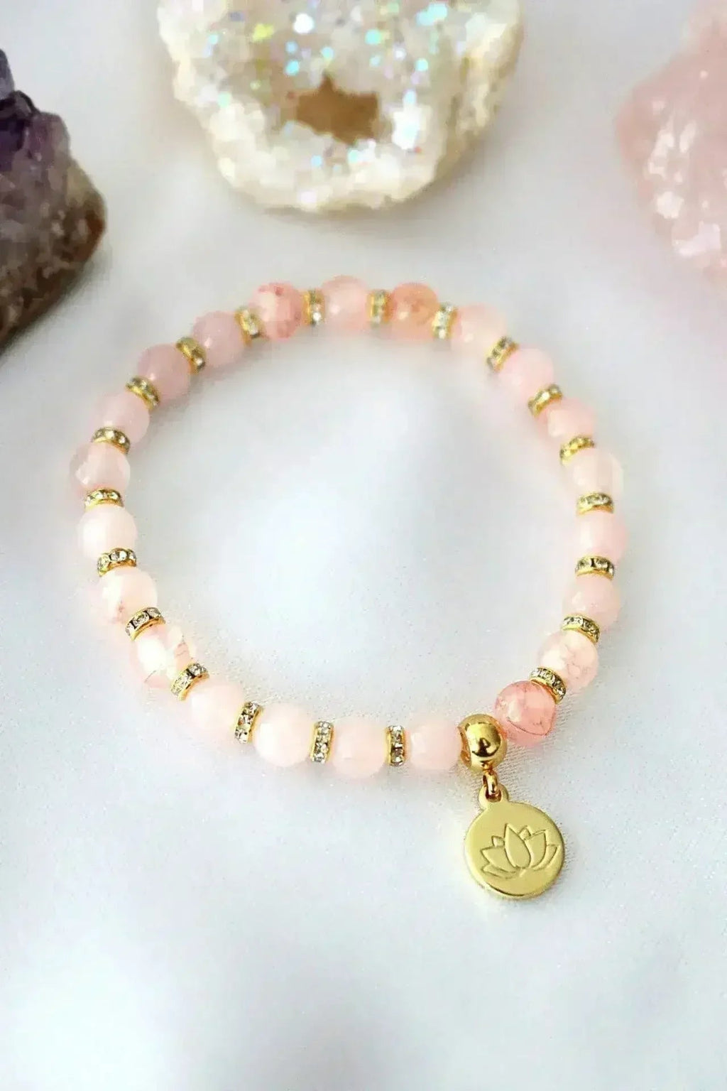 Rose quartz bead bracelet with gold-plated lotus flower charm, view 4