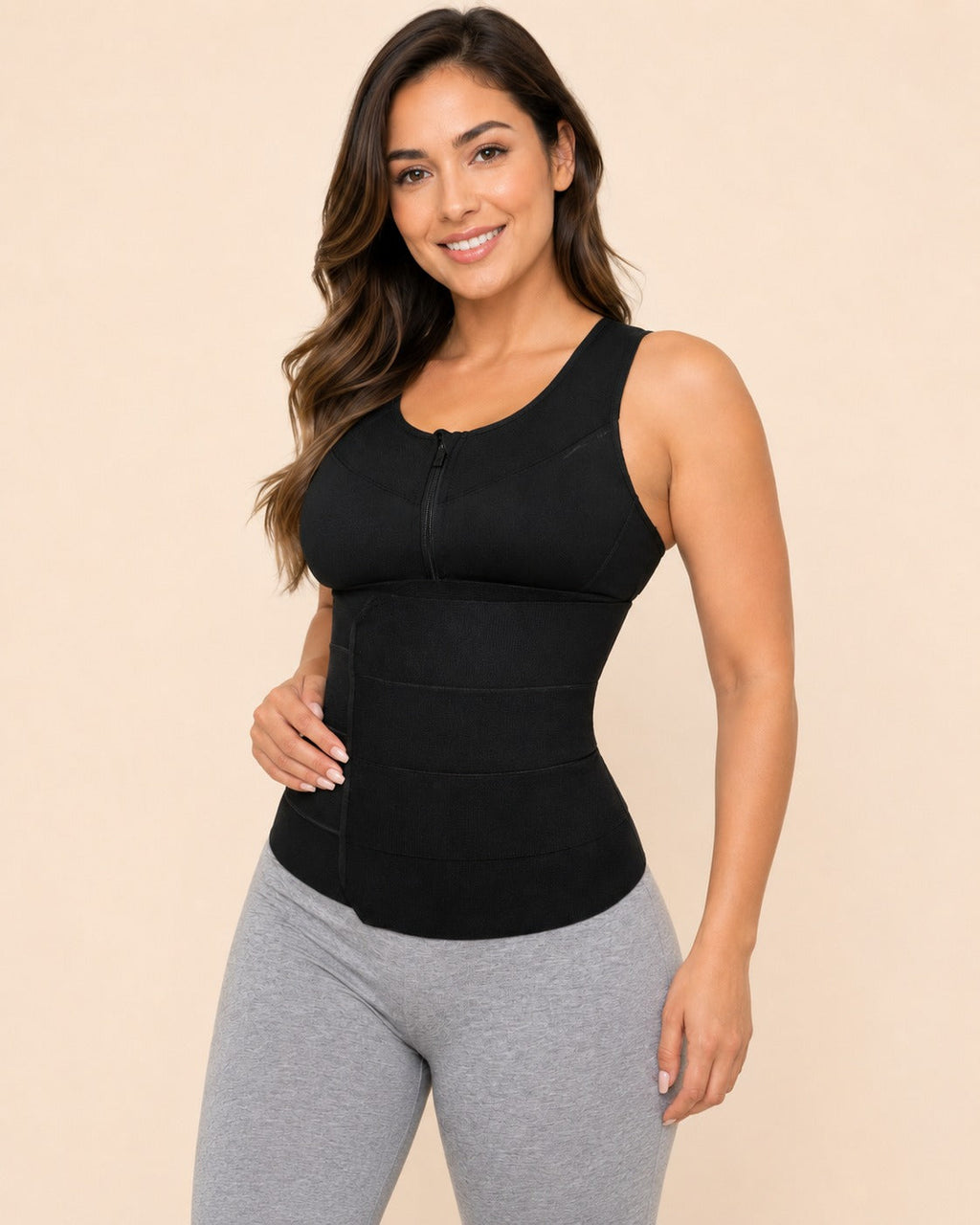 Black extra-tall 4-panel post-op abdominal binder with hook-and-loop closure, view 2