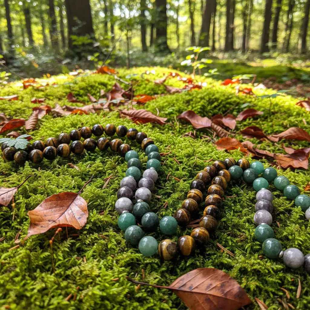 Tiger's eye and green jade 108-bead knotted mala necklace, view 4