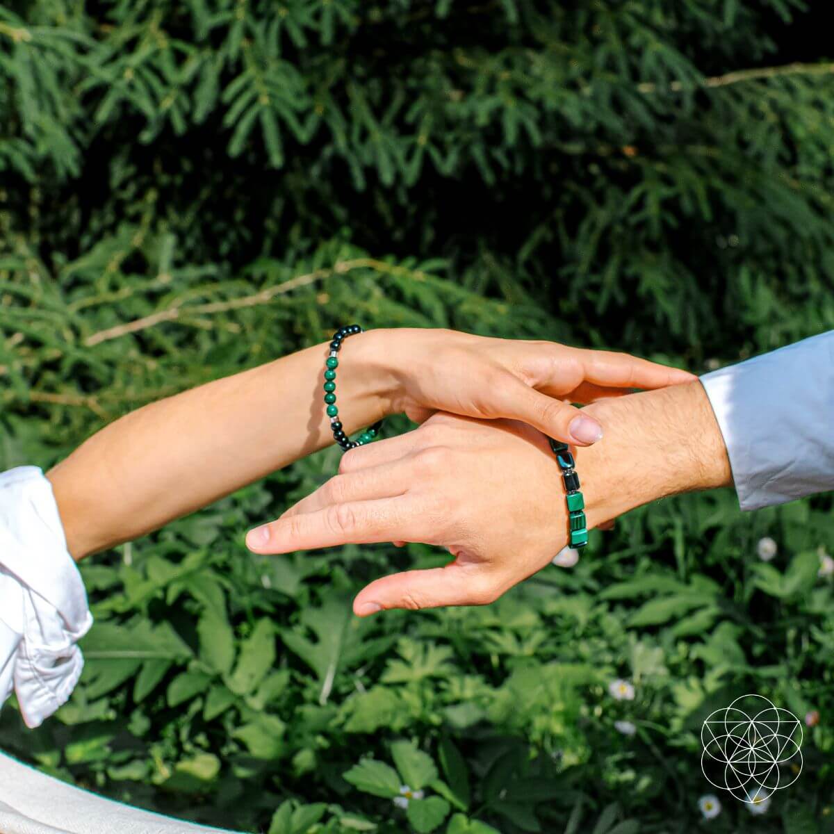 Malachite and black onyx bracelet set with open-hand charm, view 3