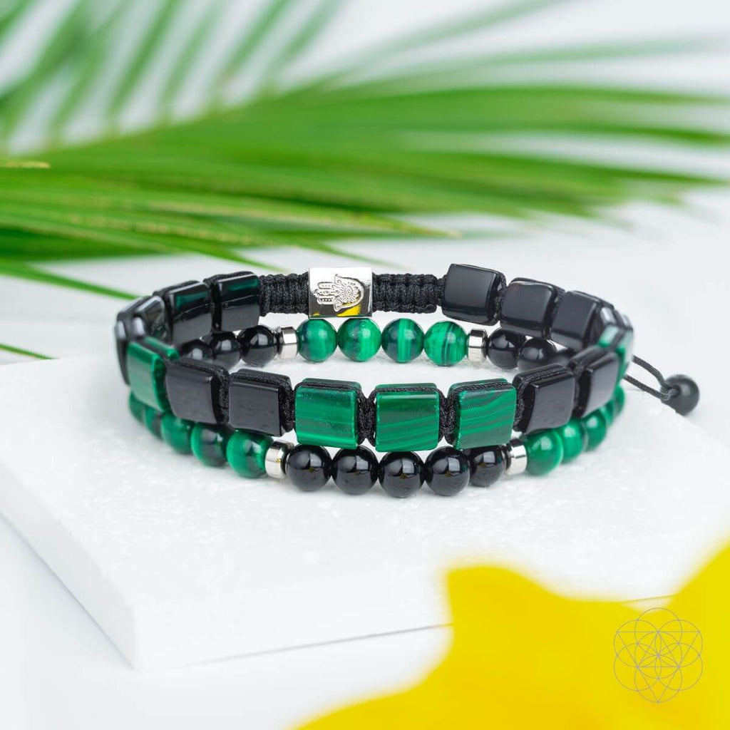 Malachite and black onyx bracelet set with open-hand charm, view 8