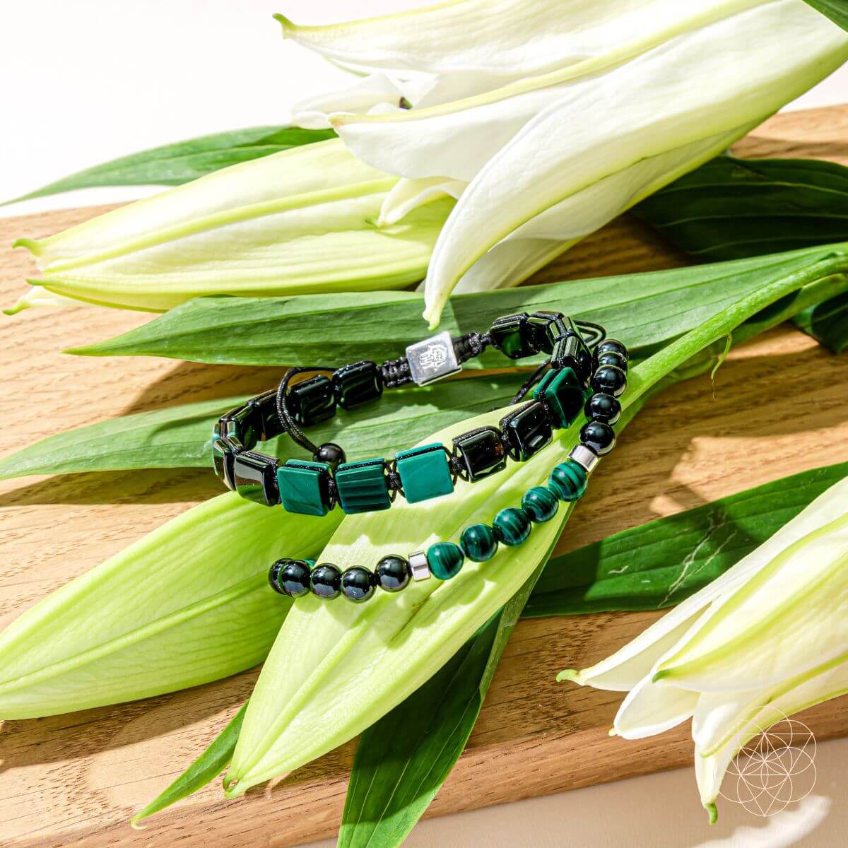 Malachite and black onyx bracelet set with open-hand charm, view 6