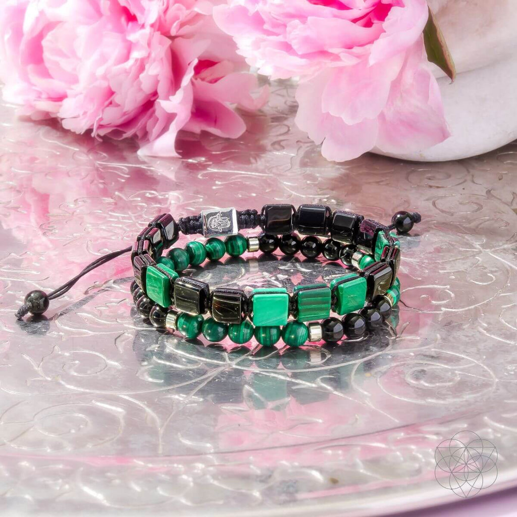 Malachite and black onyx bracelet set with open-hand charm, view 5