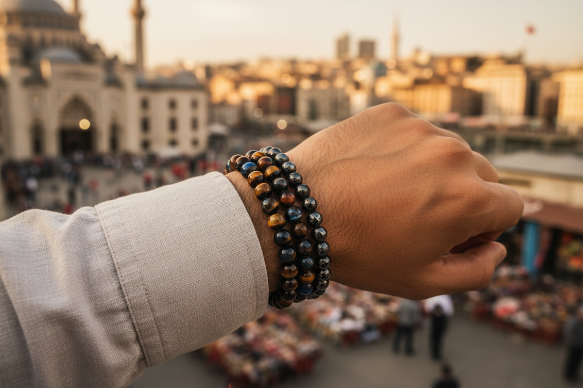 Gold, red and blue tiger eye bead bracelet, view 6