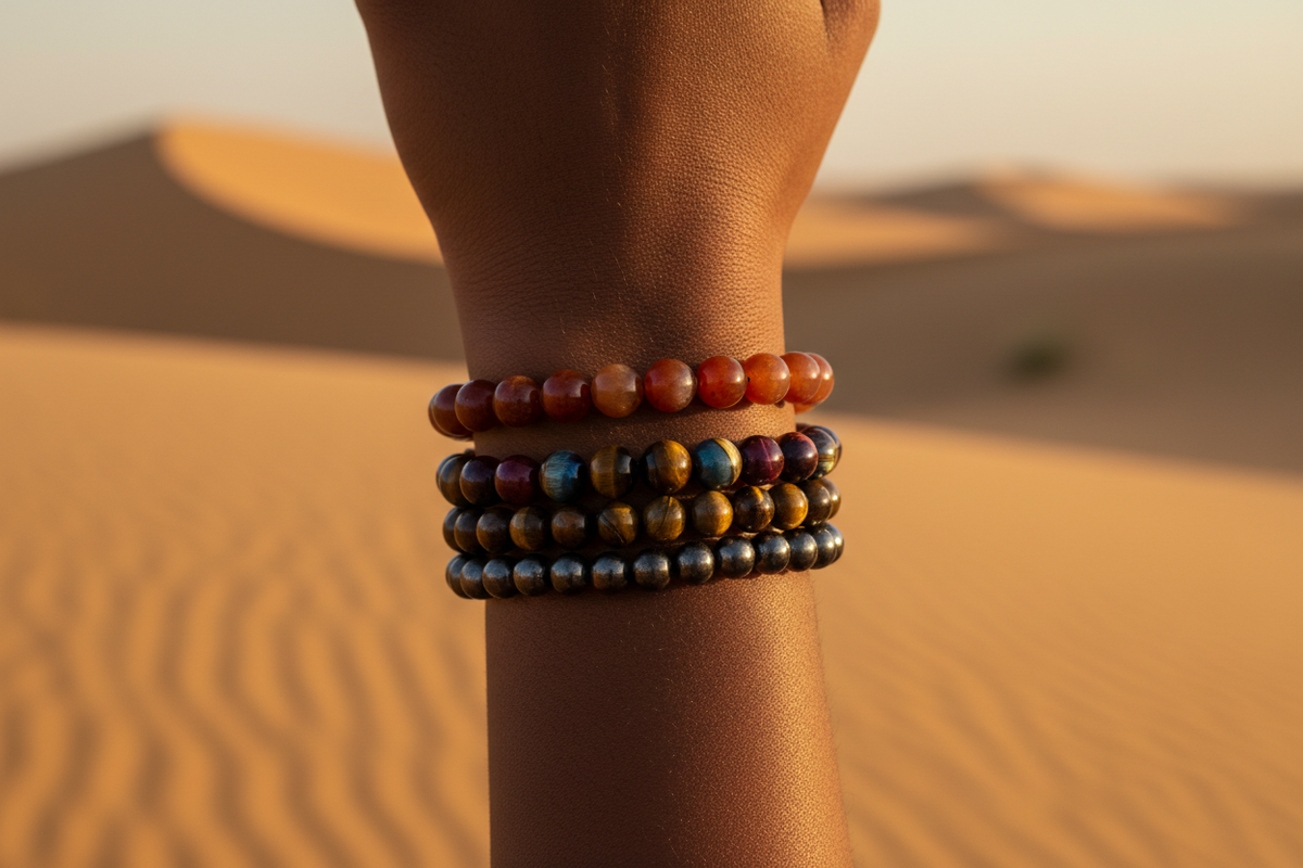 Gold, red and blue tiger eye bead bracelet, view 5