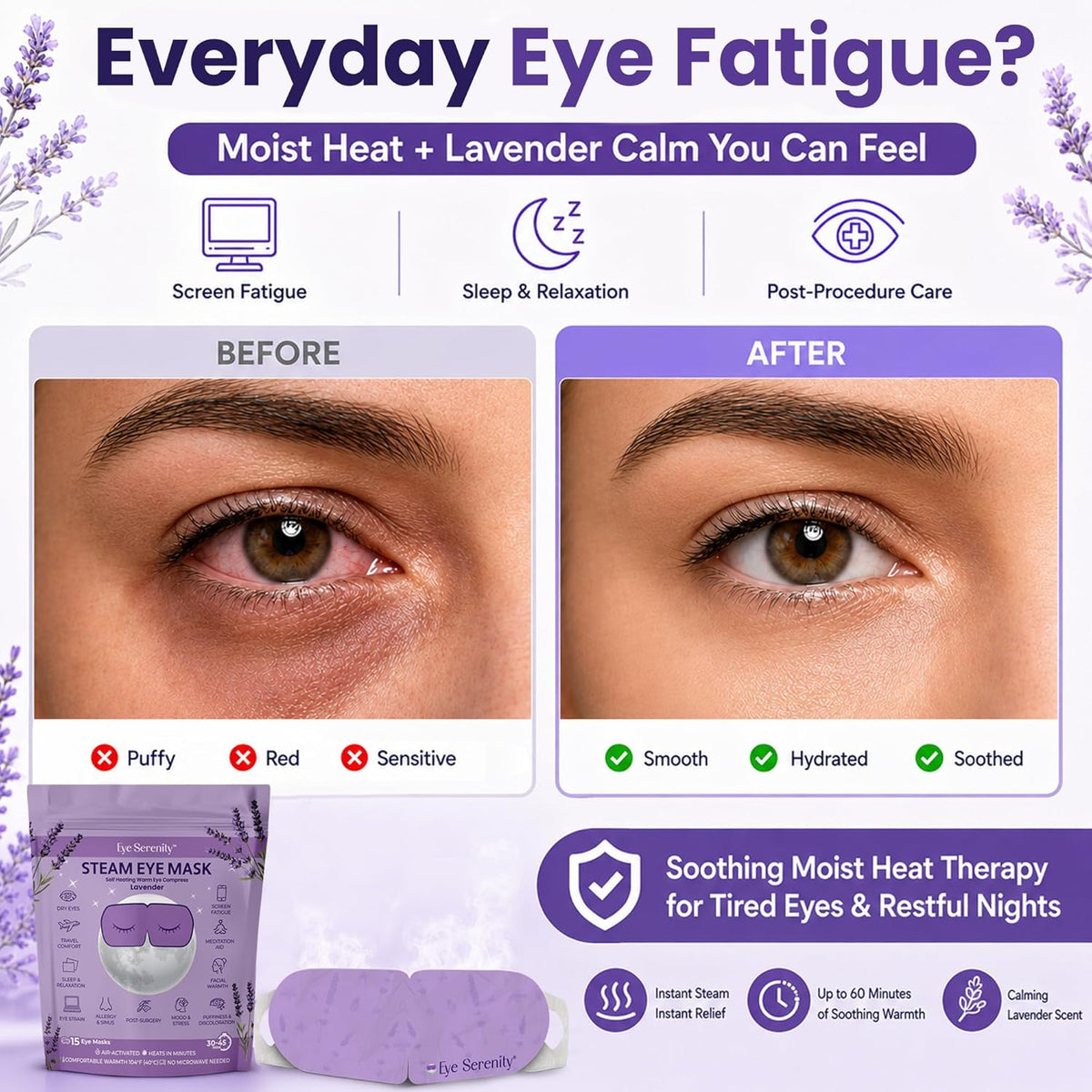 Eye Serenity Self-Heating Steam Eye Mask, Lavender