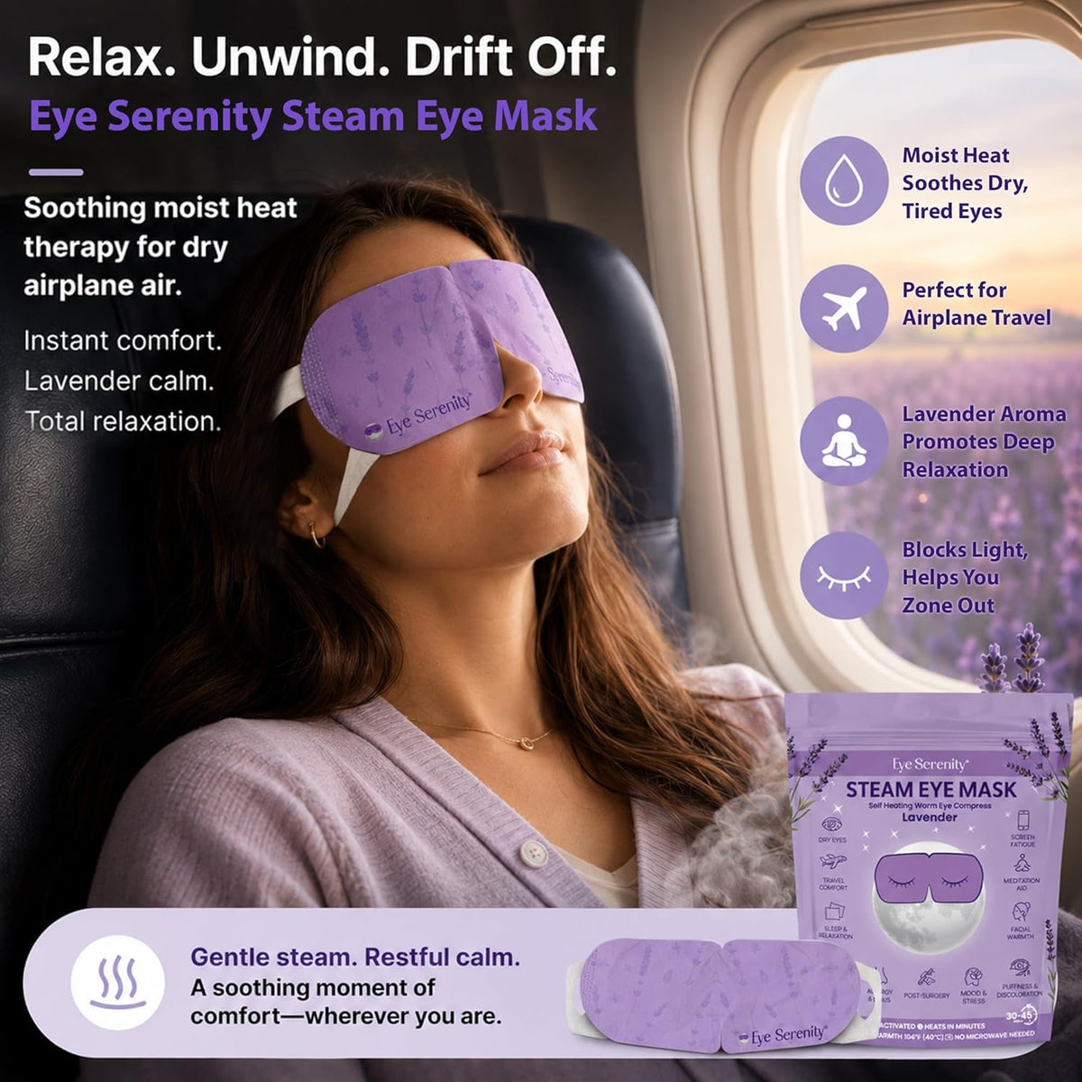 Eye Serenity Self-Heating Steam Eye Mask, Lavender