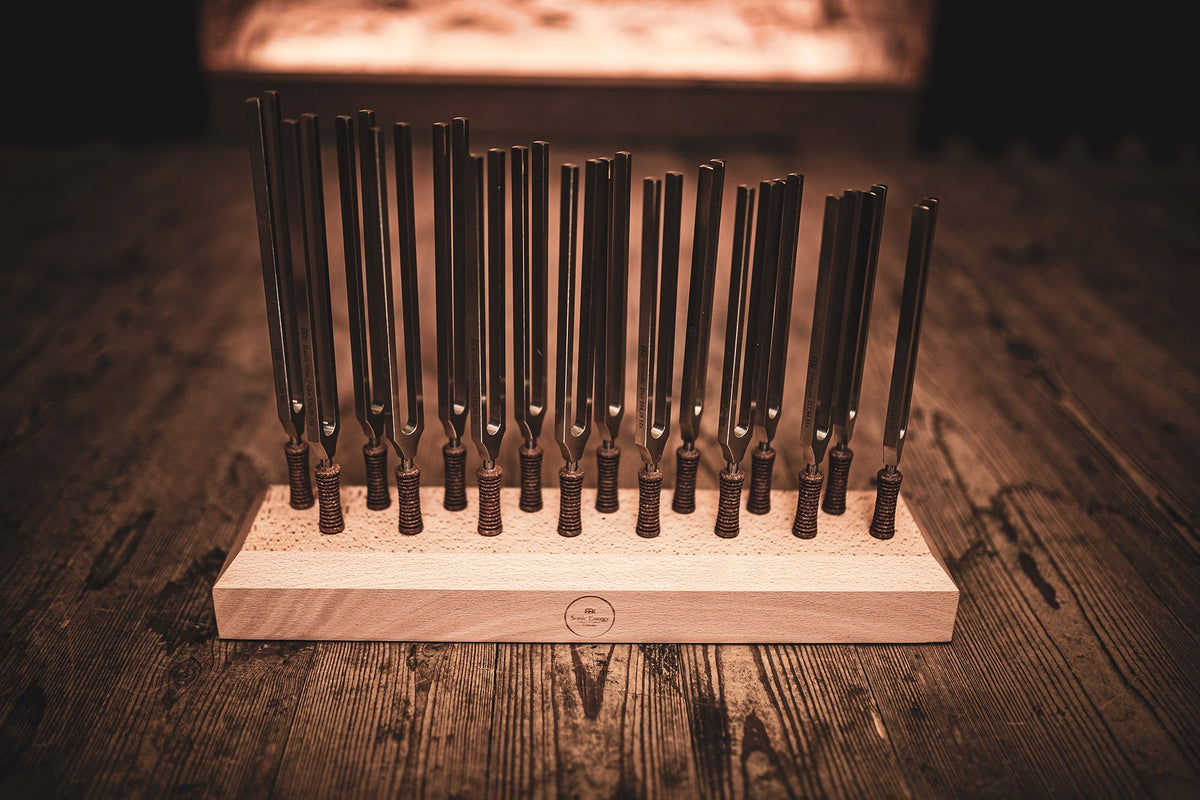 16 Planetary Tuning Fork Set with Wooden Holder – Weighted
